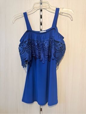 Blue Crochet-Trim Cold Shoulder Camisole